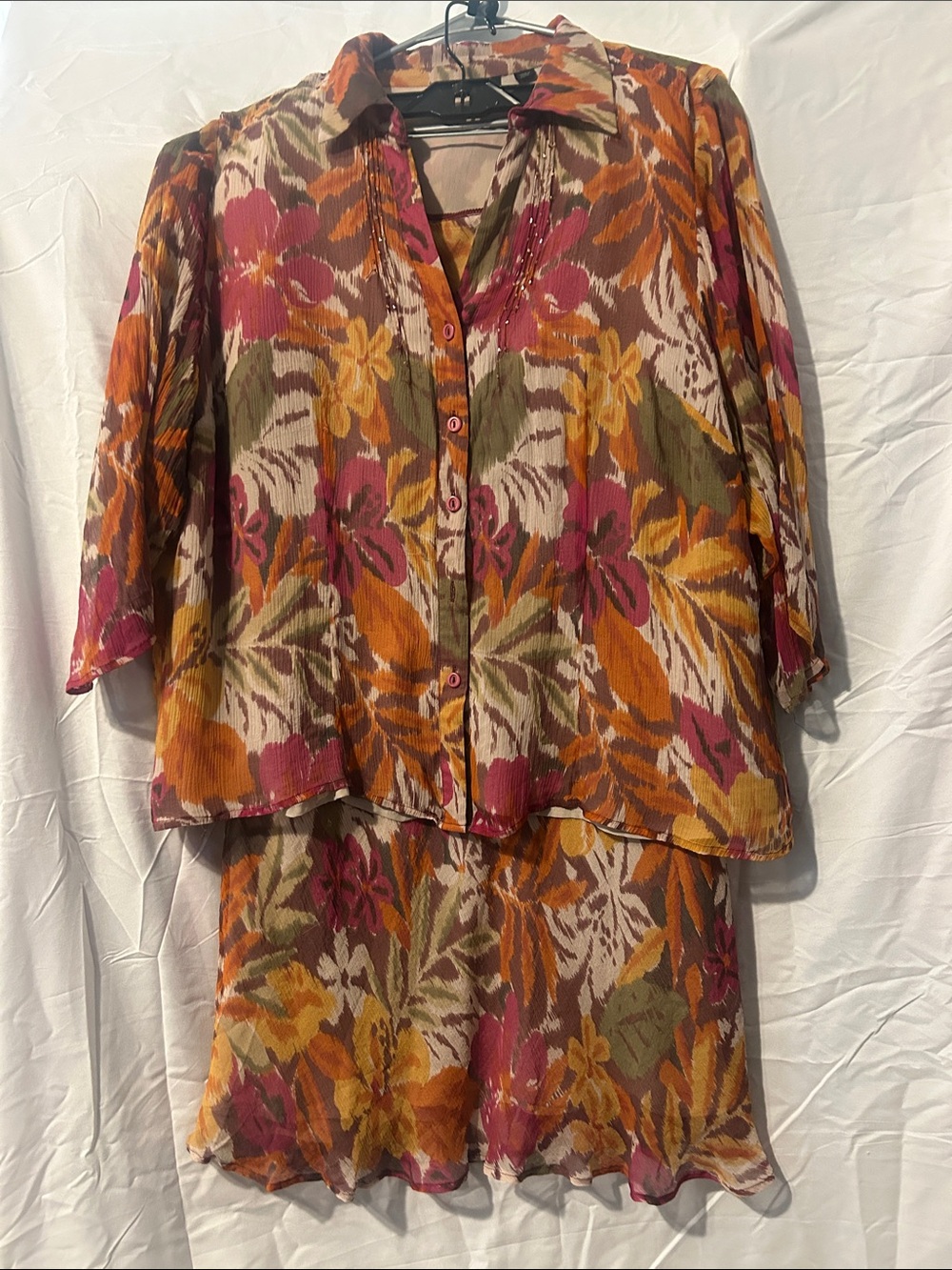 Avenue Floral Button-Front Long Sleeve Dress Set in Rust, Olive & Magenta
